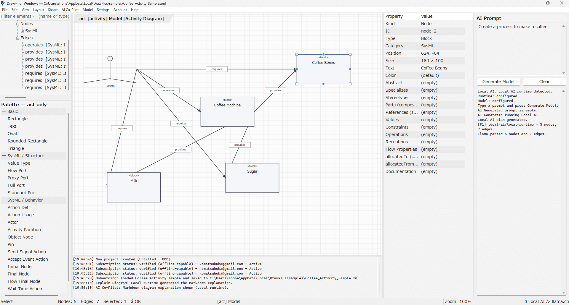 Draw+ for Windows — AI Co-Pilot generating an Activity Diagram for a coffee-making process on a local Windows machine