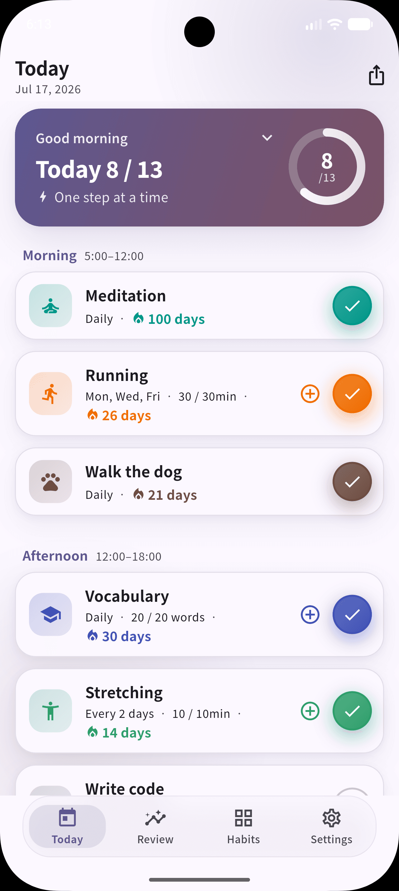 Habivas on iPhone showing the Today screen in Japanese: an 8 of 13 completion ring, and morning and afternoon sections listing habits such as meditation, running and vocabulary with their streak counts.