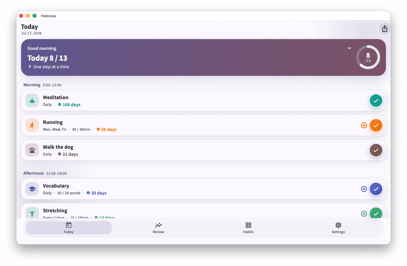 Habivas on macOS showing the Today screen with an 8 of 13 completion ring and habits grouped into Morning and Afternoon time slots, each with a streak count and a one-tap check button.