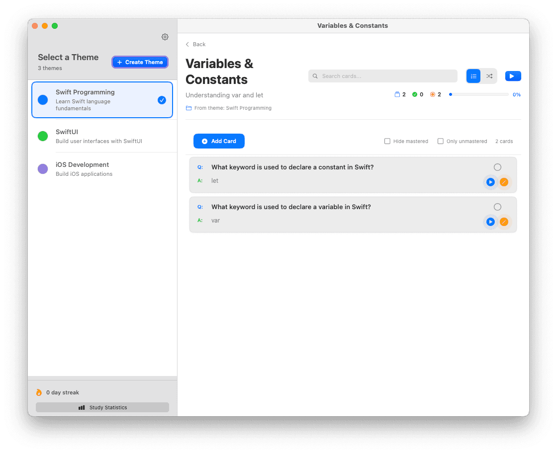 LearnAddic macOS app showing desktop-optimized interface with flashcard management, study session controls, and detailed progress tracking in a native Mac window