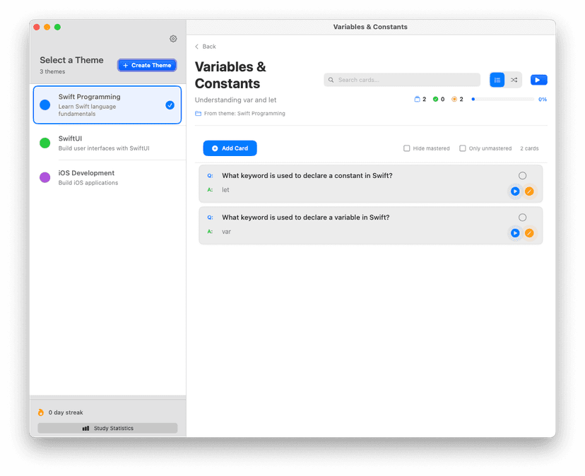 LearnAddic macOS app with desktop-optimized study interface showing spaced repetition and progress tracking