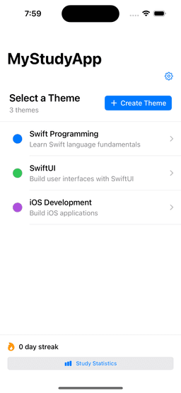 LearnAddic iOS interface showing how to create flashcards with themes and topics