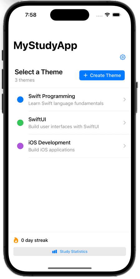 LearnAddic iOS app showing organized flashcard themes and clean study interface for effective learning